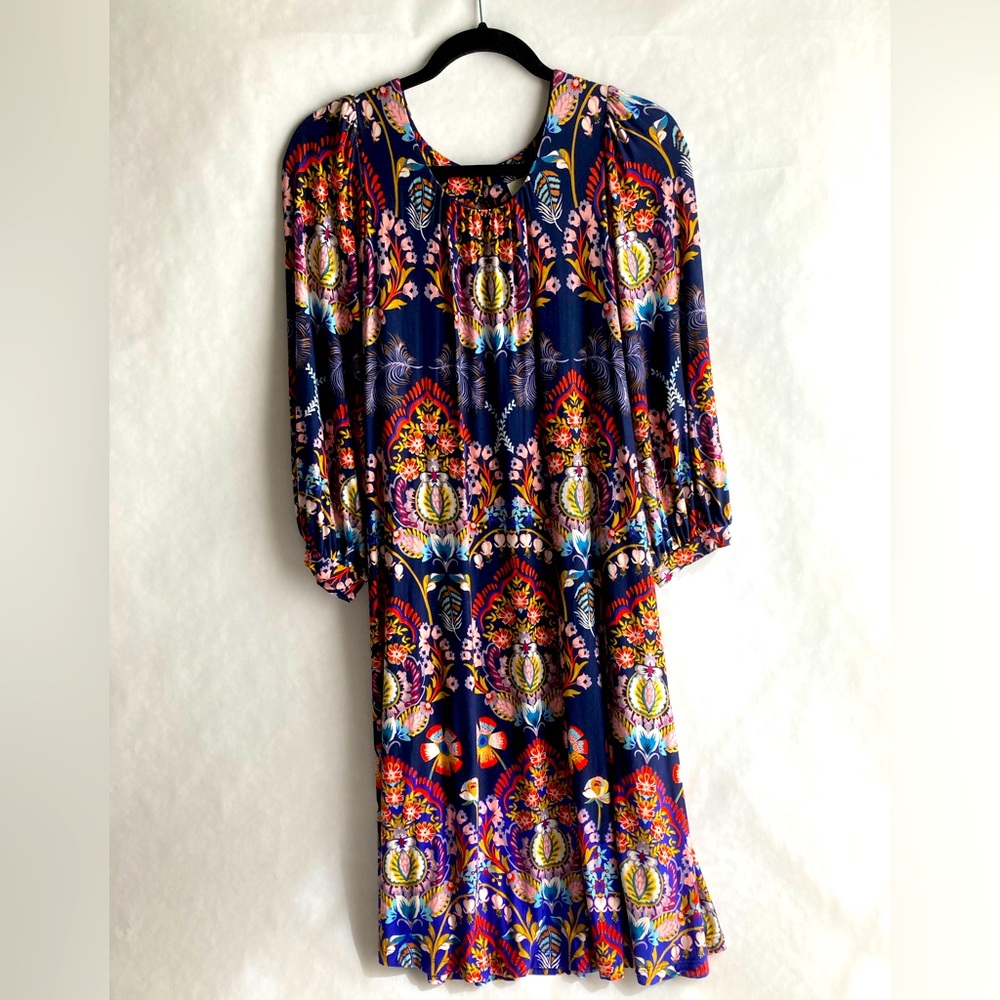 Womens Anthropologie Maeve Knit Navy Orange Medallion Feather Dress Medium